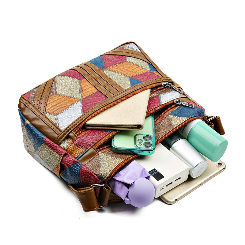 Womens Fashionable Multi-Layer Crossbody Bag With Color-Block Patchwork
