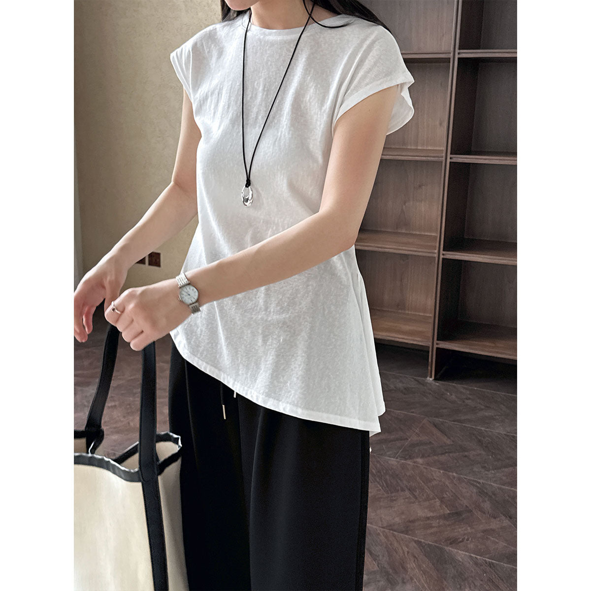 Simple Lace Short Sleeve Women's Waist Irregular Hem T-shirt