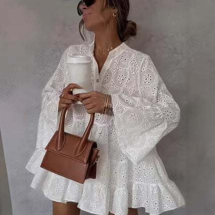 Loose V-Neck Hollow-Out Lace Floral Dress