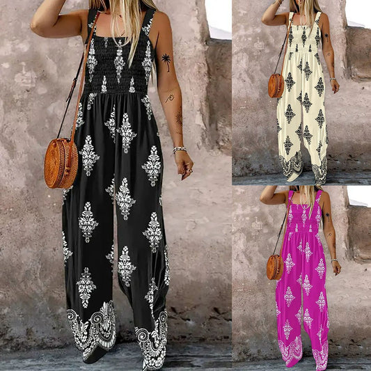 Woven Positioning Printing Women's Sling Pocket Wide Leg Jumpsuit