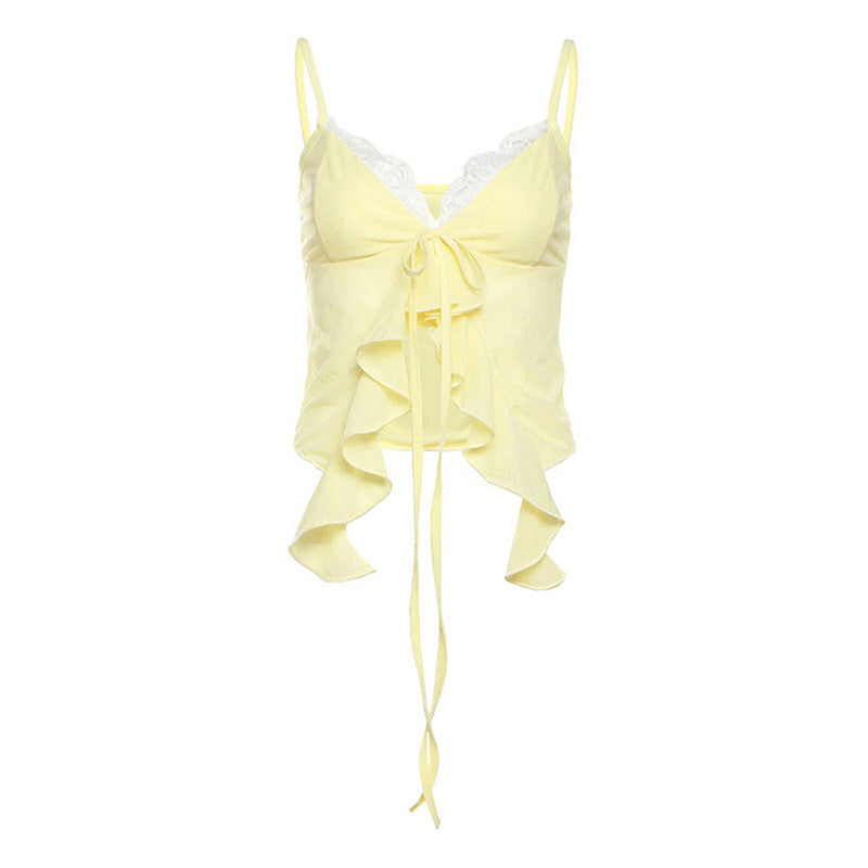 V-neck Brace Contrast Color Lace Design Short Lace-up Vest
