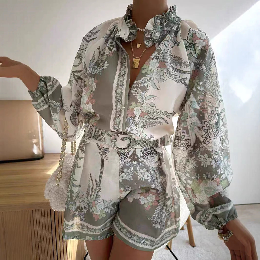 Stand-up Collar Puff Sleeve Single-placket Printed Shorts Suit