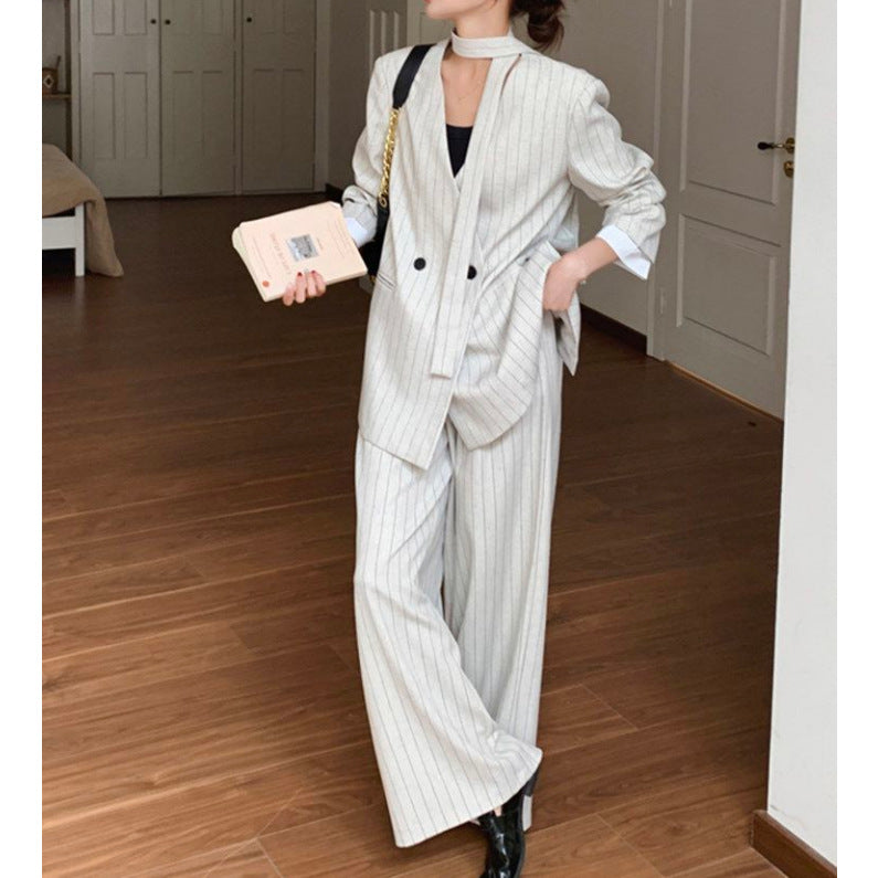 New Fashion Striped Blazer Wide-Leg Pants Two-Piece