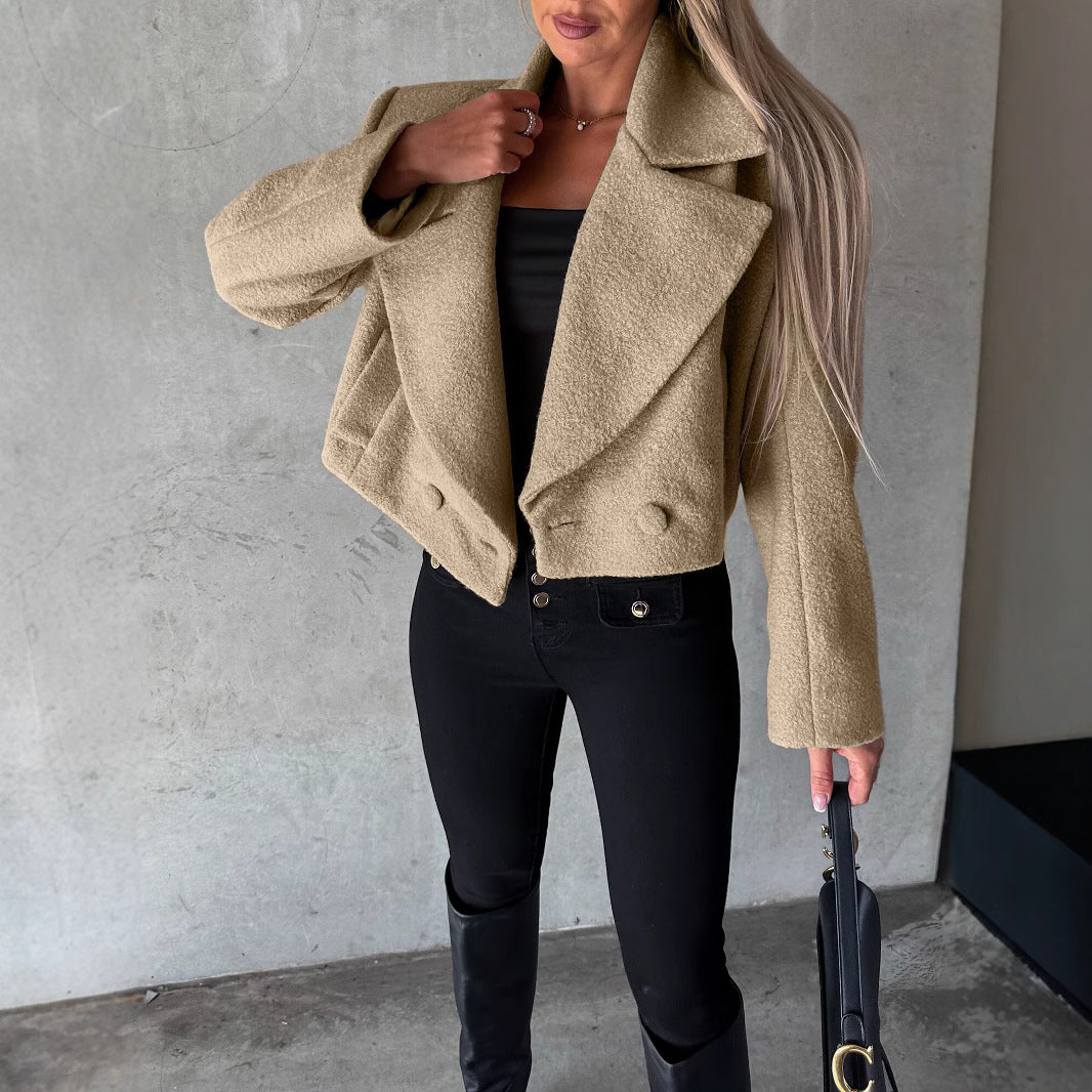 Trendy Woolen Cropped Oversized Coat With A Stand-up Collar In A Solid Color