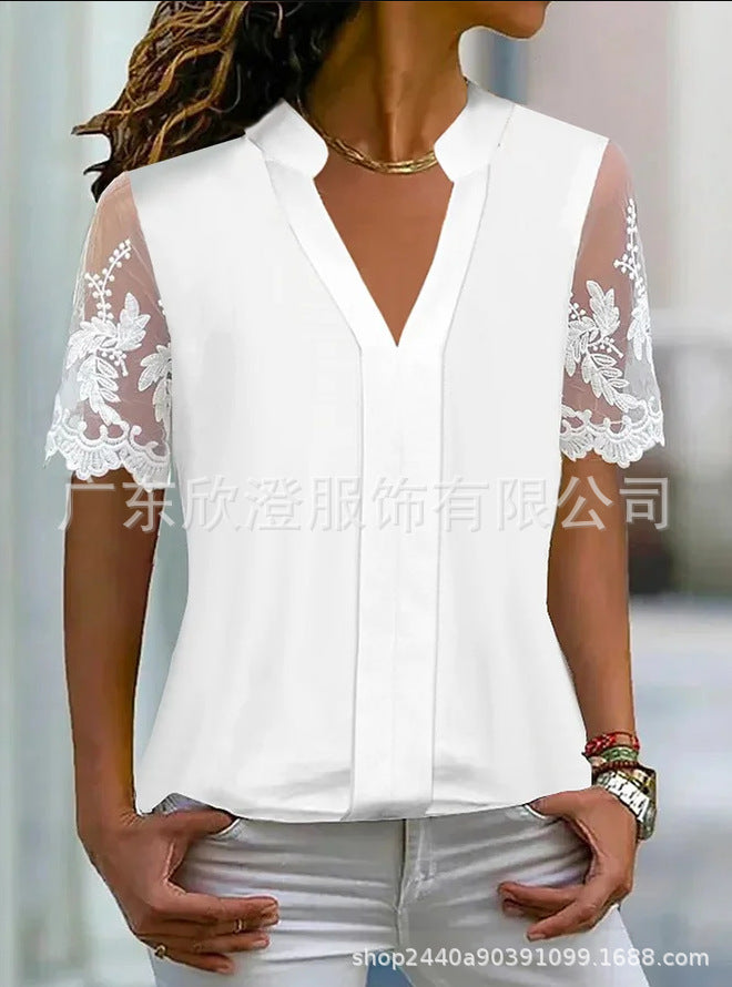 Casual White V-Neck Lace Short-Sleeve Top