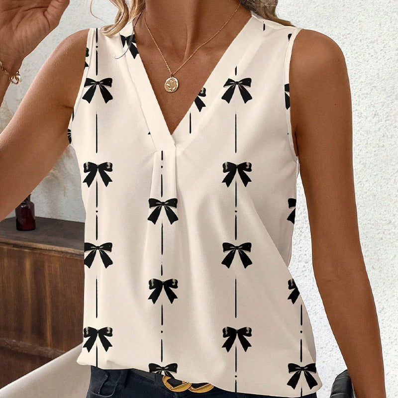European And American Sleeveless Bow Shirt V-neck