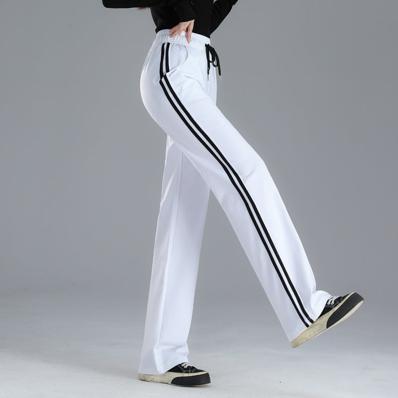 Straight-leg Sweatpants, Black And White Striped, Double-stripe, High-waisted, Wide-leg Drape Pants