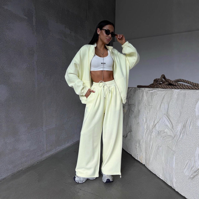 Casual Sports Suit Cardigan Wide Leg Sweatpants For Women