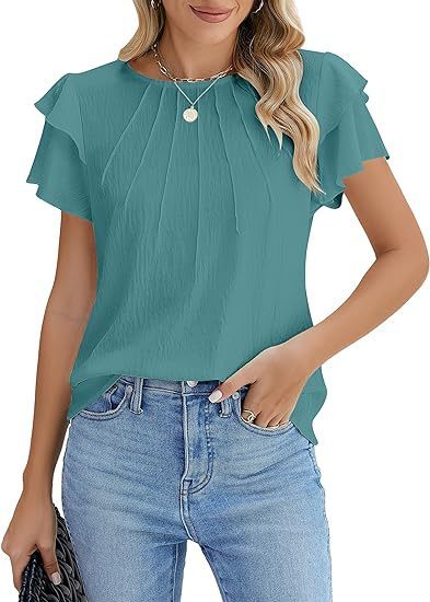 Hot Selling Women's Formal Casual Summer Pleated Short Sleeved Round Neck Top, Business Work Shirt