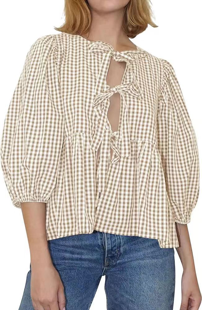 Spring And Summer New Women's Sweet And Casual Round Neck Bubble Sleeve Tied Striped Shirt