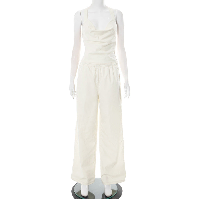 Solid Color Sleeveless Cross Strap Straight-leg Trousers Suit