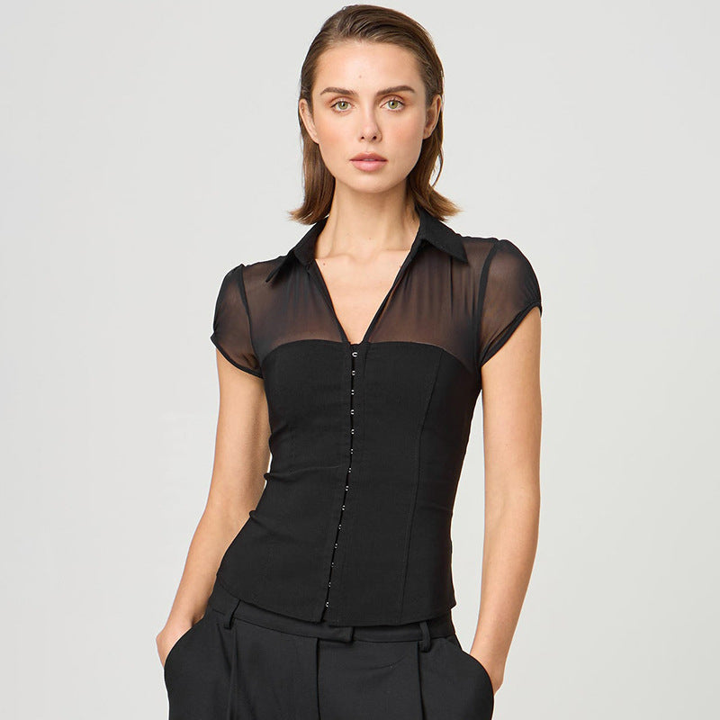 Solid Color And V-neck Hidden Hook Gauzy Stitching T-shirt Top