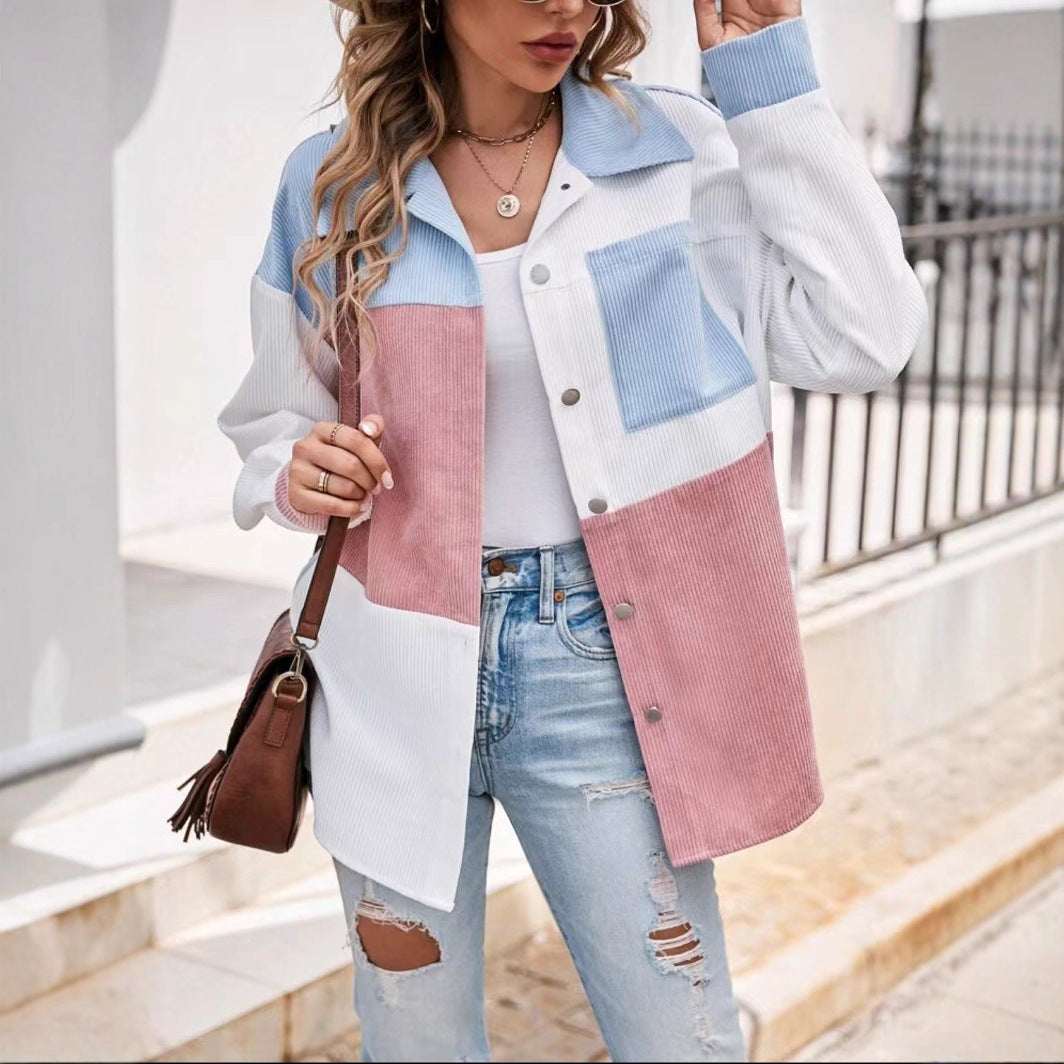 Color Matching Rope Shirt Color Matching Patch Pocket Drop Shoulder Corduroy Coat