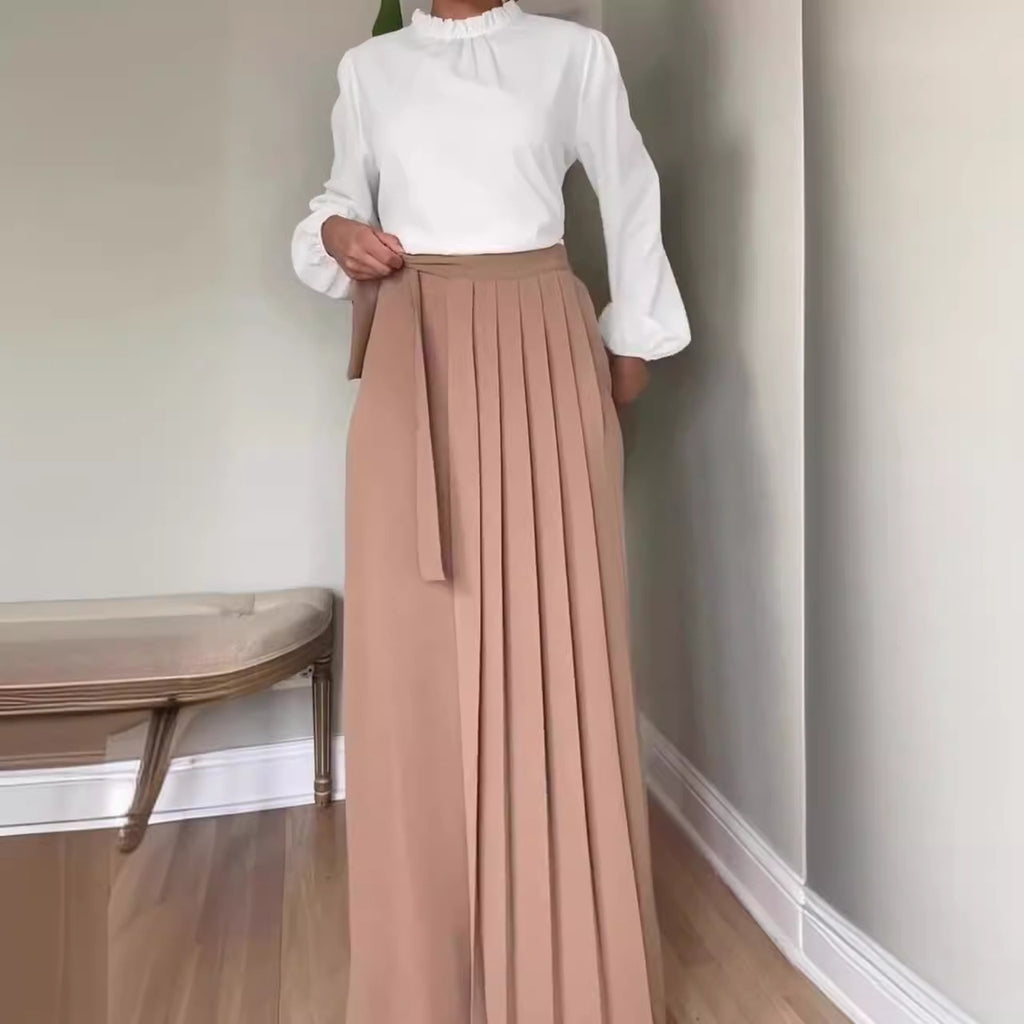 Solid-Color Wide-Leg Pleated Pants With Ties