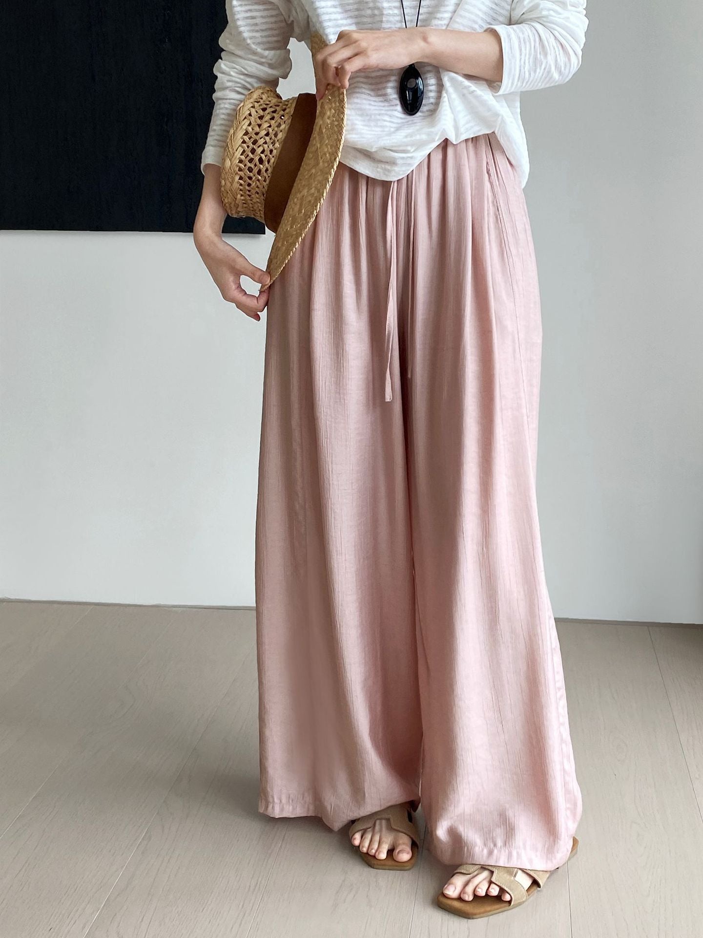 Thin Drawstring Elastic Waist Comfortable Breathable Casual Wide-leg Pants For Women