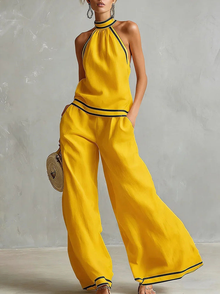 Striped Patchwork Halter-neck Sleeveless Wide-Leg Pants Set
