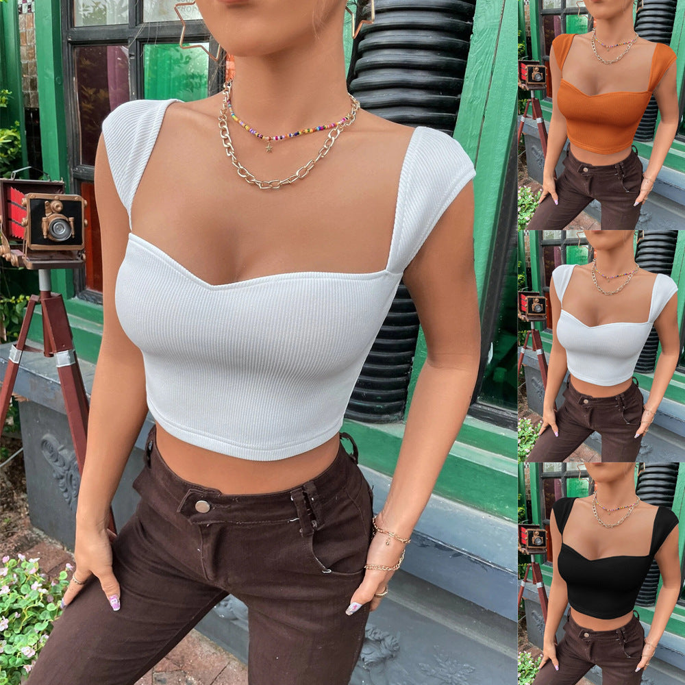 Women's New Instagram Style Slim Fit Square Neck Ultra Short Sleeveless T-shirt Vest Top