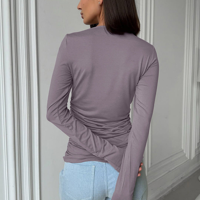 Niche Gathered Waist Regular Shoulder Long Sleeve T-shirt