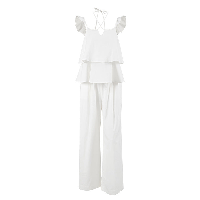 Cotton And Linen Sexy V-neck Flying Sleeves Backless Lace-up Top High Waist Casual Trousers Suit