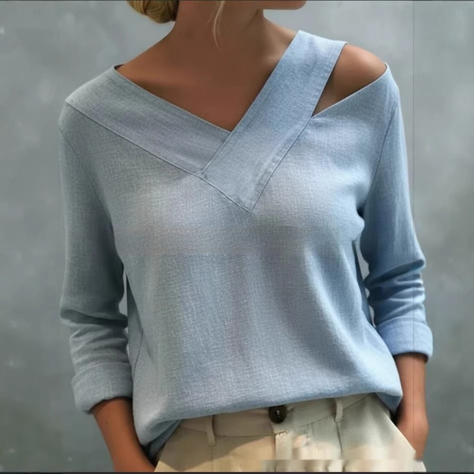 Elegant Off-the-shoulder V-neck Solid-color Long-sleeve Top