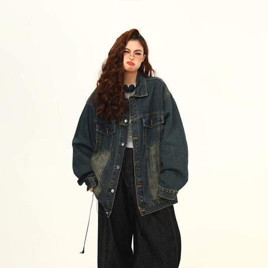 Washed-out Vintage Blue Denim Coat Couple Jacket