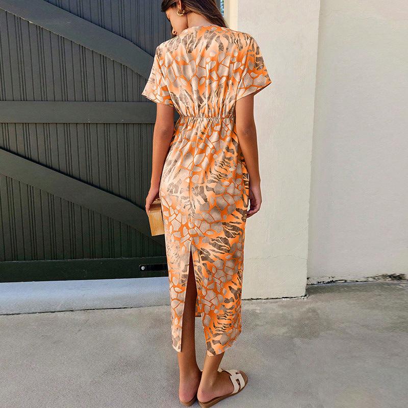 Slim Fit Vacation Style Sexy V-neck Mid-length Dress