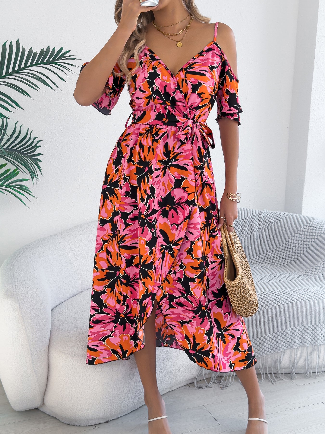 Off Shoulder Cross V Neck Floral Print Camisole Vacation Maxi Dress