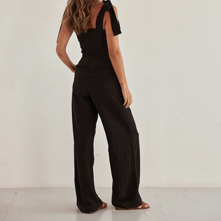 Black Bandeau Sling Top High Waist Wide Leg Pants Two-piece Suit