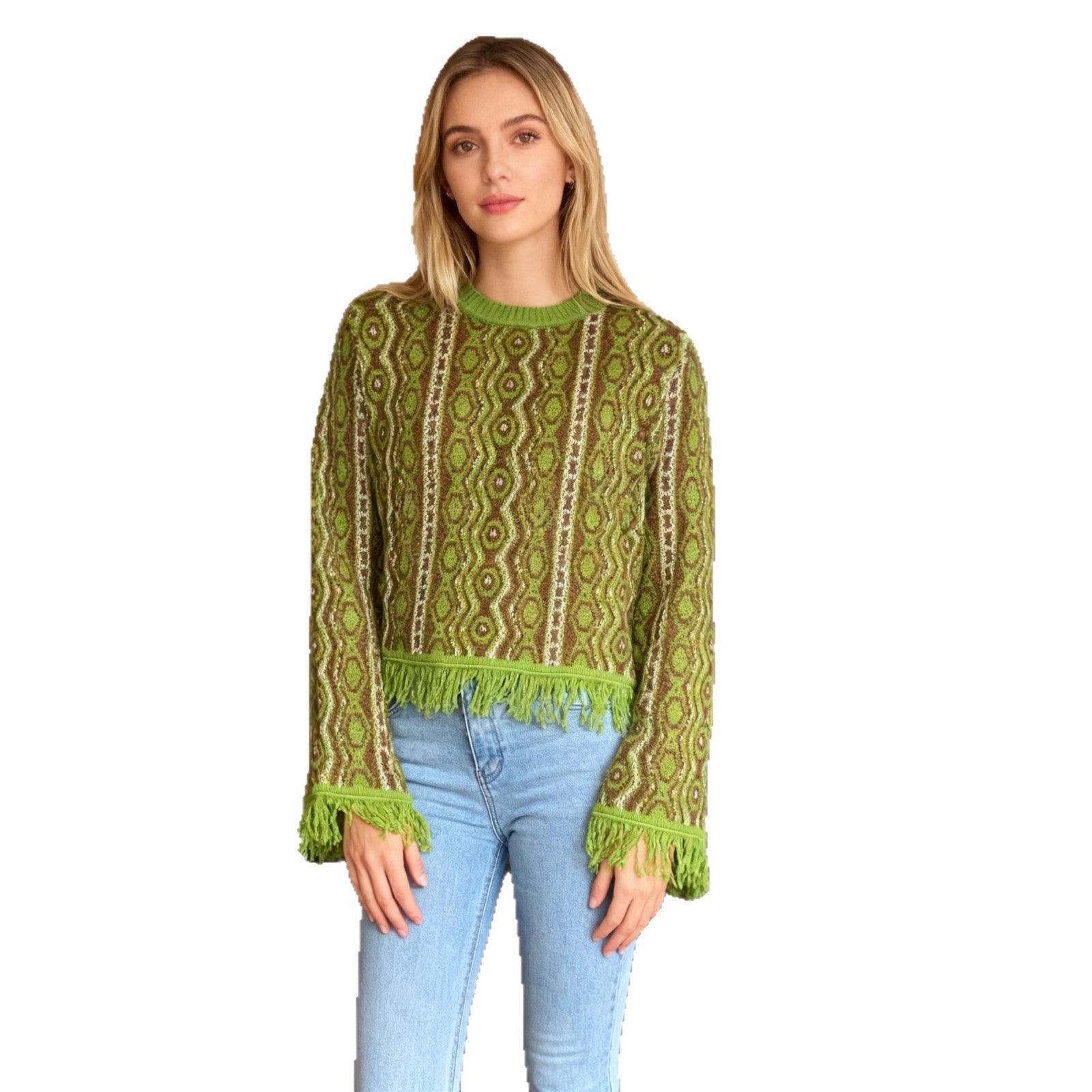 Contrast-color Jacquard Fringe Casual Round-neck Sweater
