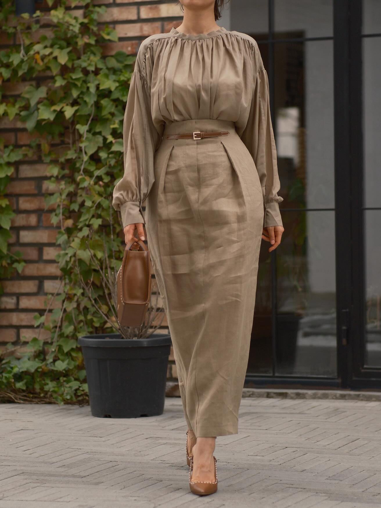 Khaki Puff - Sleeve Blouse And Midi Skirt Set