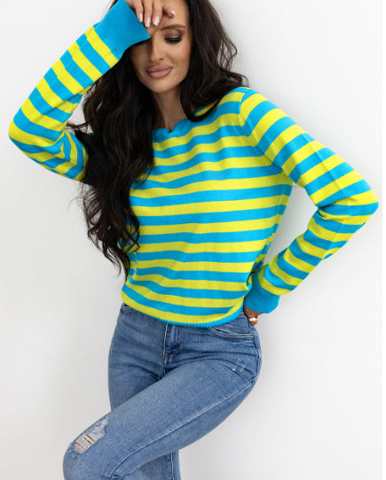 Green Stripe Crew Neck Drop Shoulder Casual Sweater