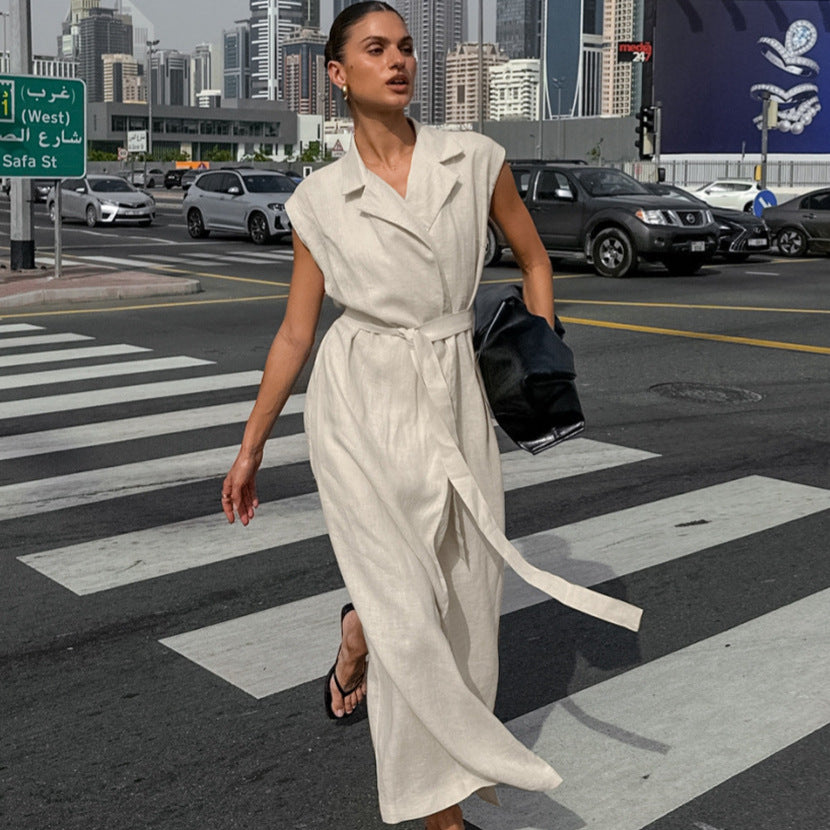 Cotton And Linen Suit Collar Belt Commuter Dress
