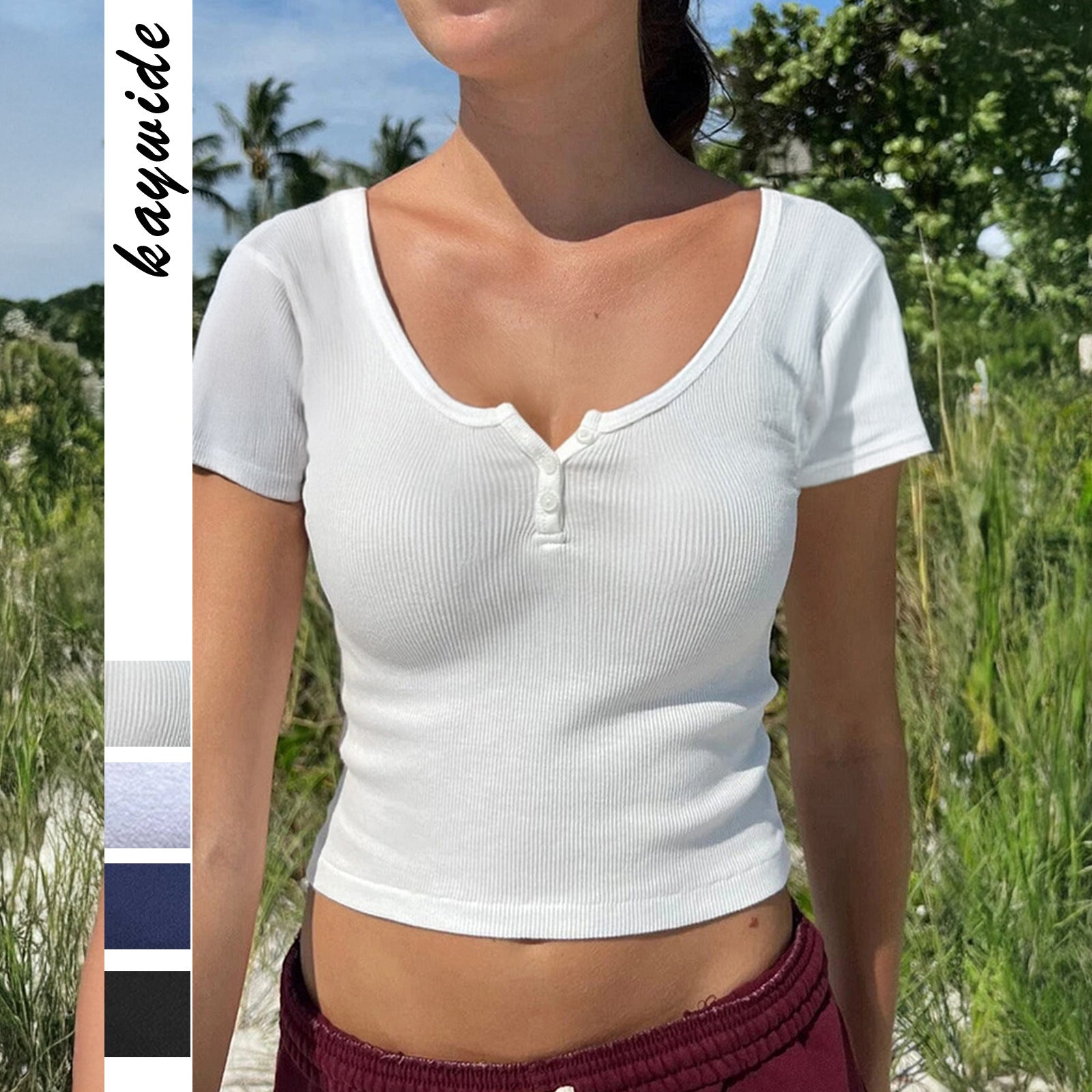Y2g Waist-tight Thread Collar Decorated With Buttons Short-sleeved Top T-shirt