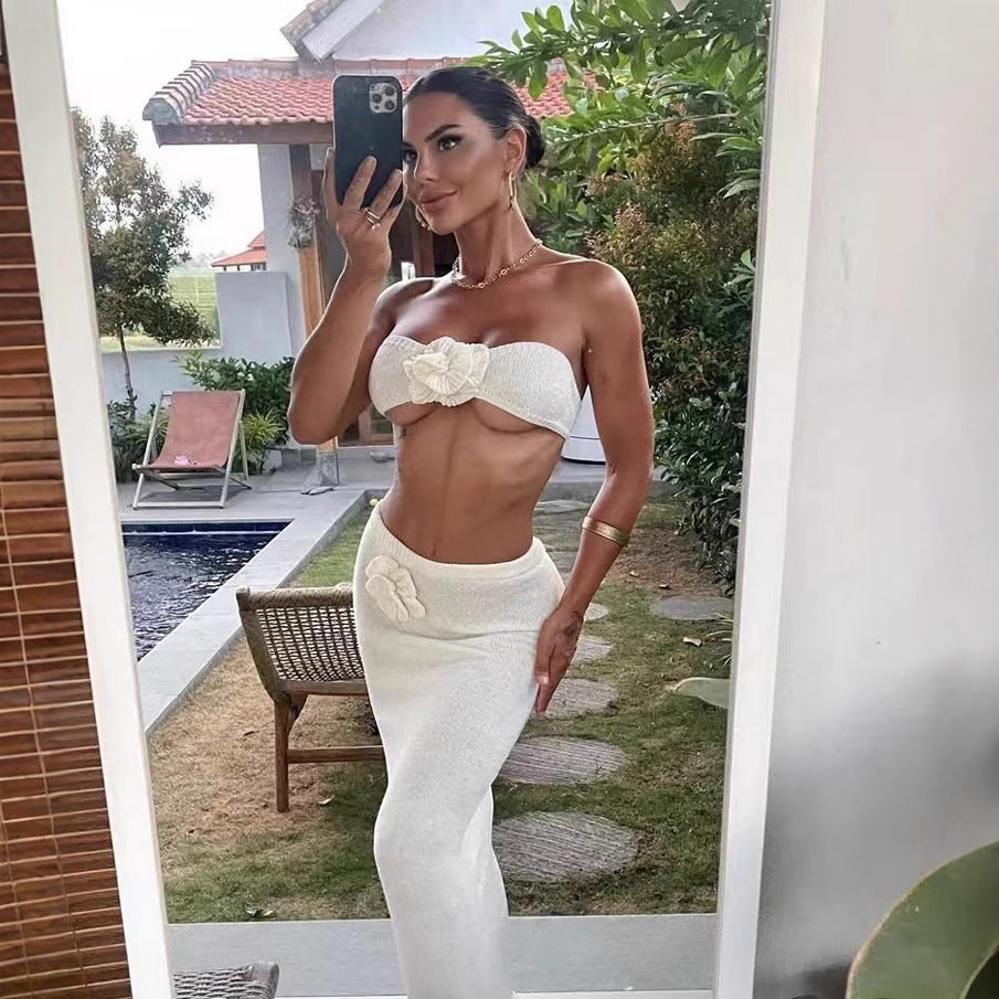Tube Top Knitted Hollow Flower High Waist Suit Women