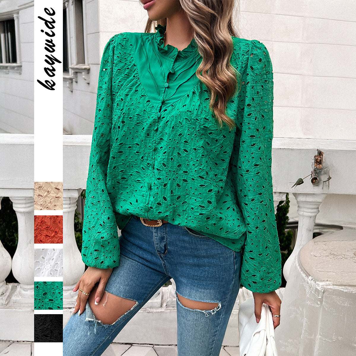 Temperament Leisure Ripped Polo Puff Sleeve Cardigan Button Long Sleeve Top