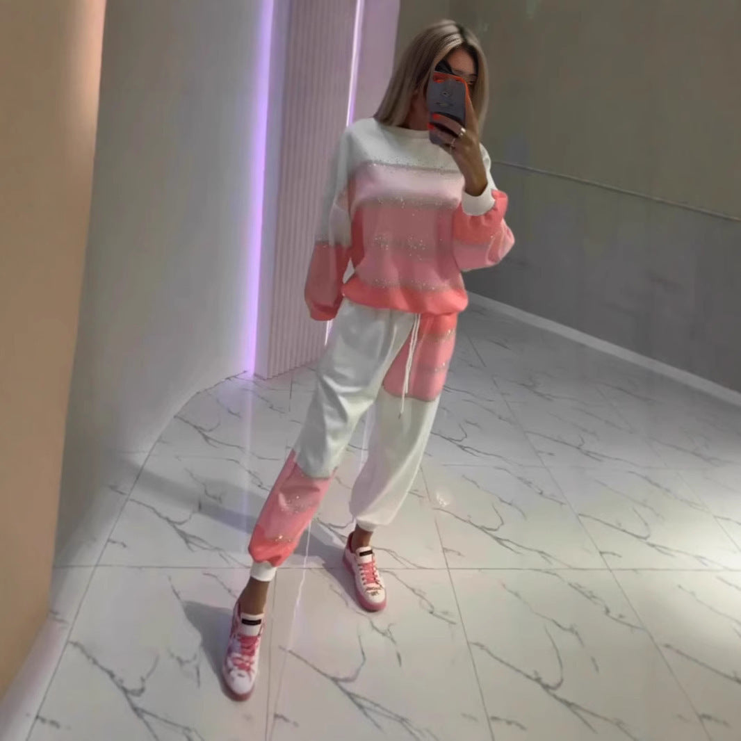 Women's Casual Dusting Powder Striped Top Drawstring Two-piece Pants