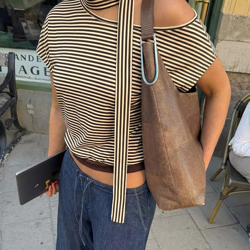 Asymmetrical Slanted-neck Striped T-shirt For Women