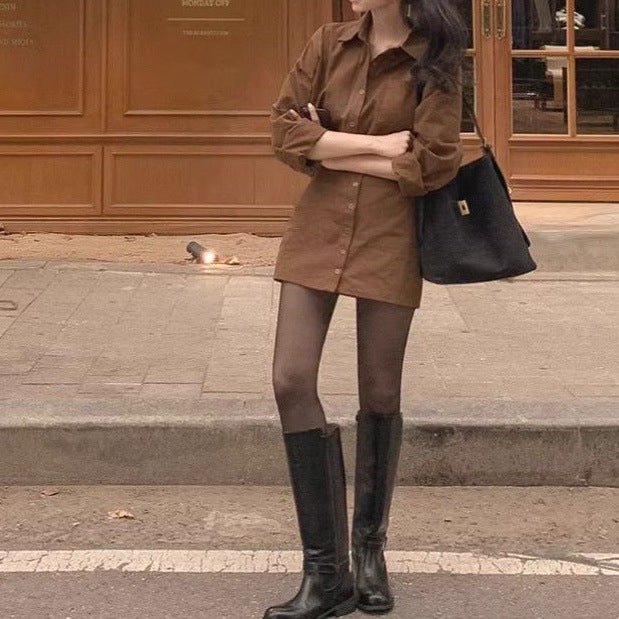 Single-breasted Waist-cinching Slimming Long-sleeve Shirt Dress