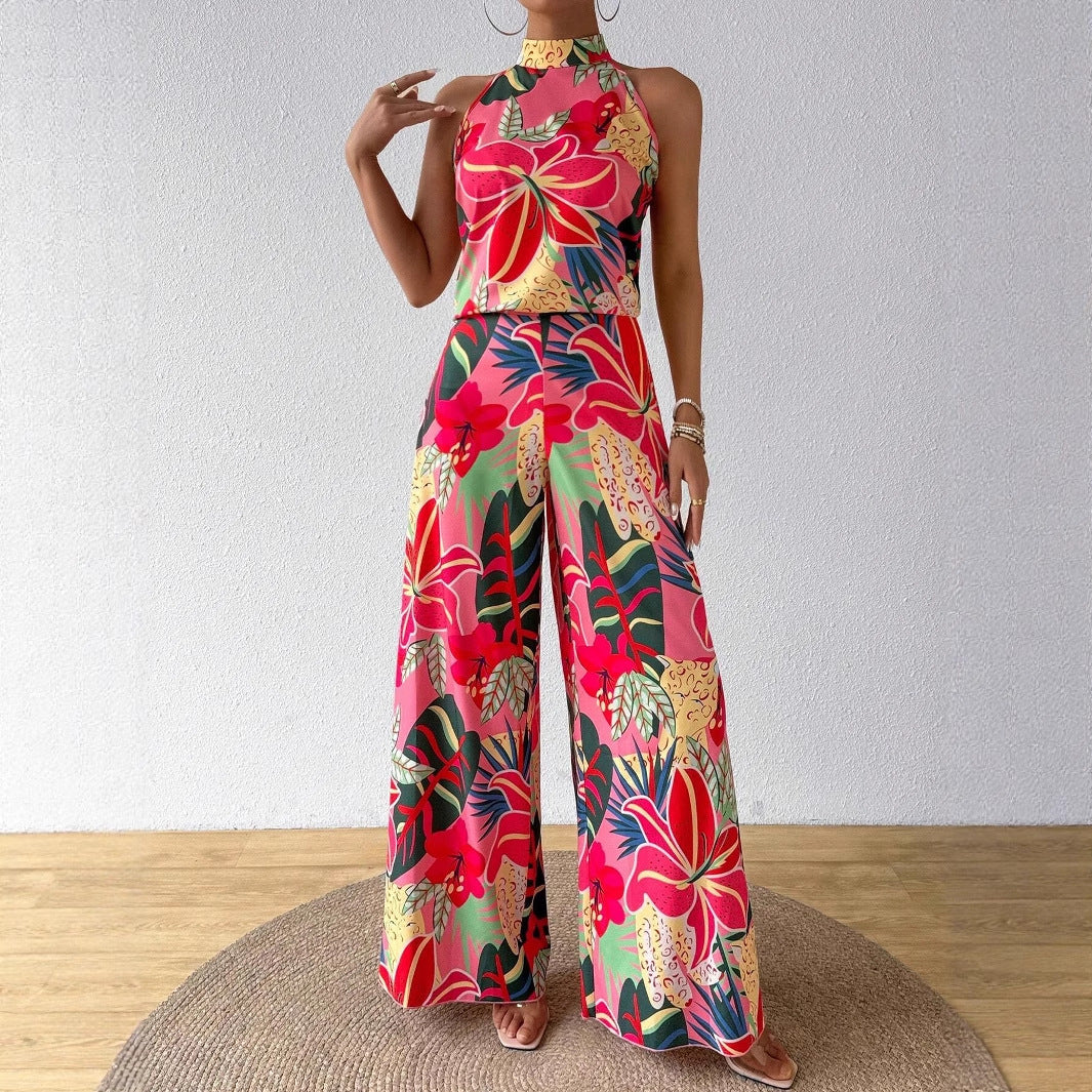 Womens Printed Crew-Neck Tank Top And Wide-Leg Pants Set
