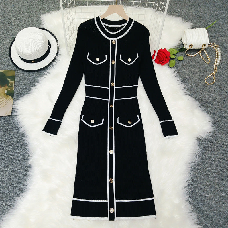 Contrast Color Four-pocket Slim Slimming Exquisite Dress