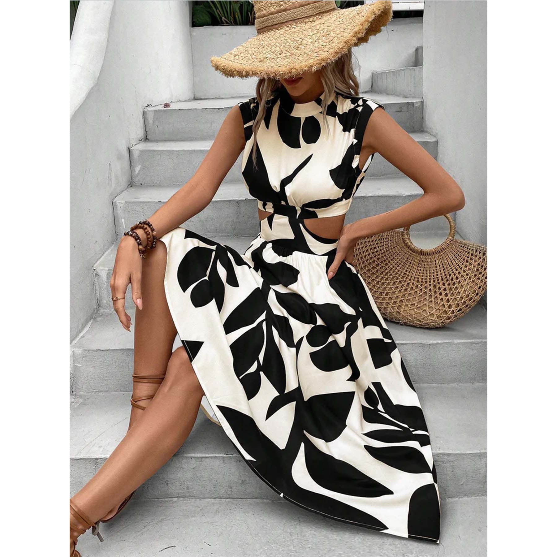 Round Neck Short Sleeve High Waist Plant Flower Print Women Dress