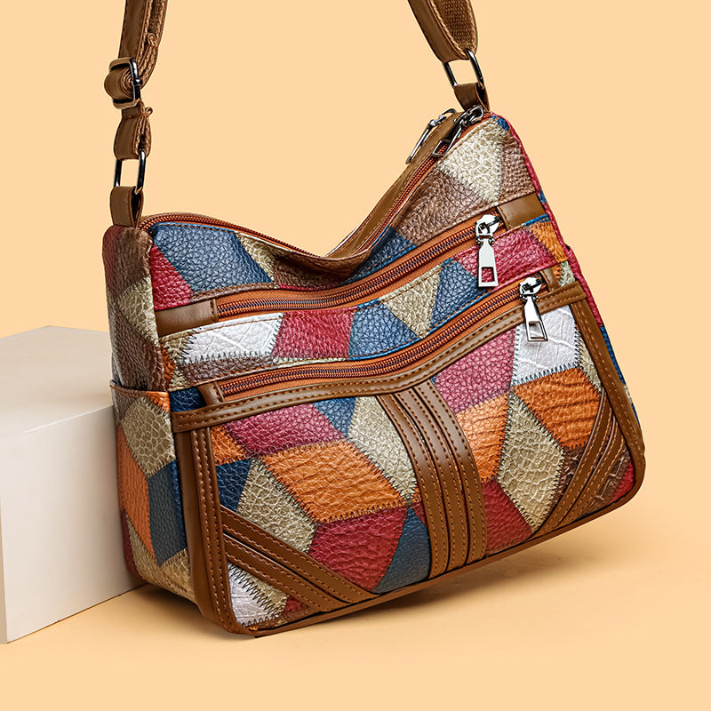 Womens Fashionable Multi-Layer Crossbody Bag With Color-Block Patchwork