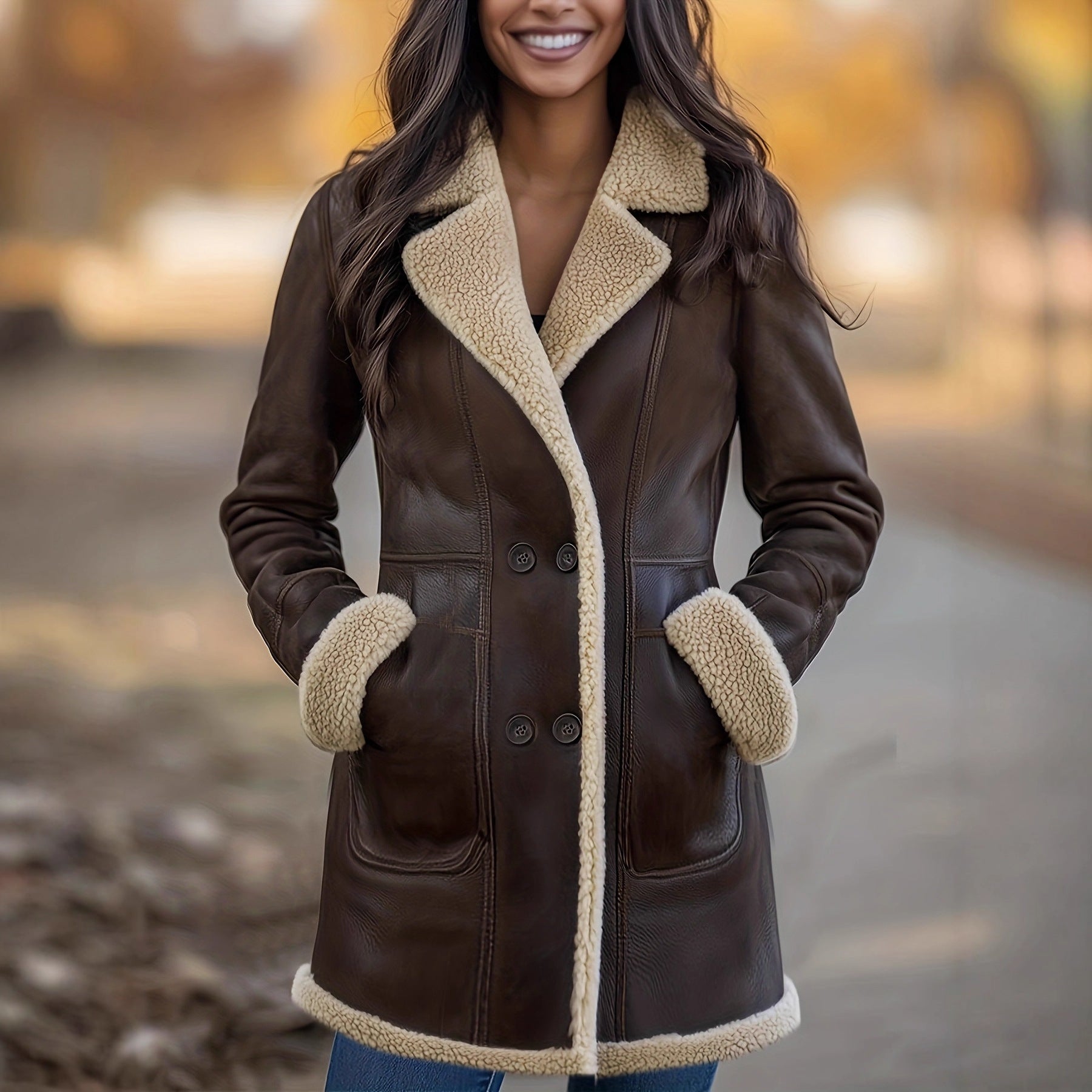 Womens New Mid-Length Fleece-Lined Retro Plush Lapel Pocket Double-Breasted Leather Coat
