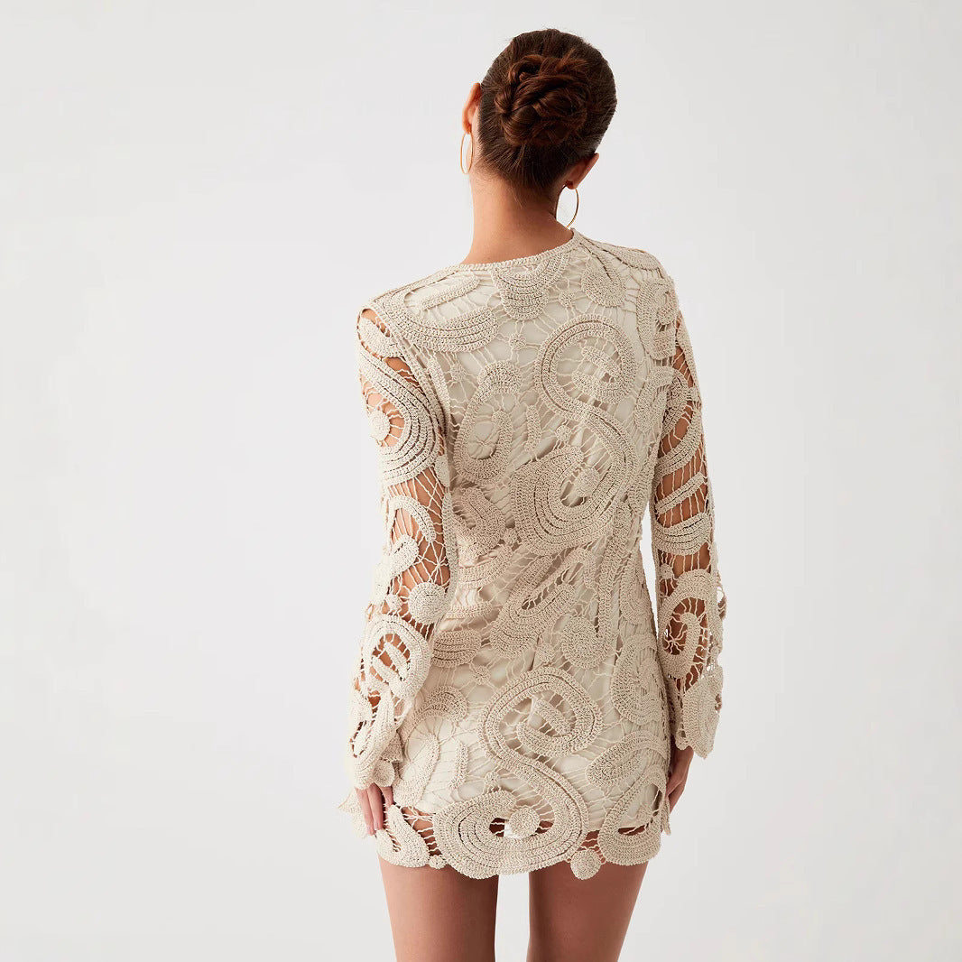 Two-color Crochet Woven Hollowed Short Knitted Dress