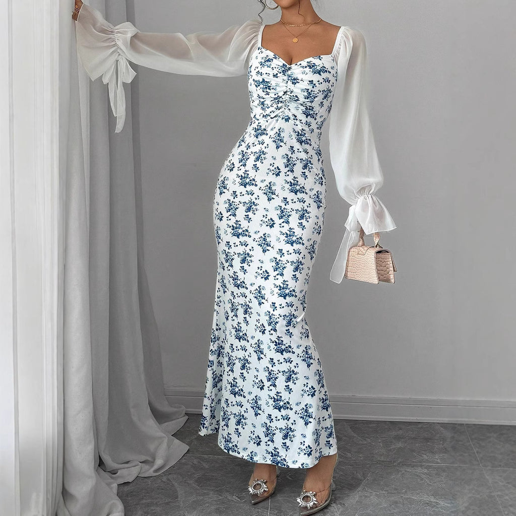 Long Sleeve V-neck Chiffon Spliced Knit Print Bodycon Dress