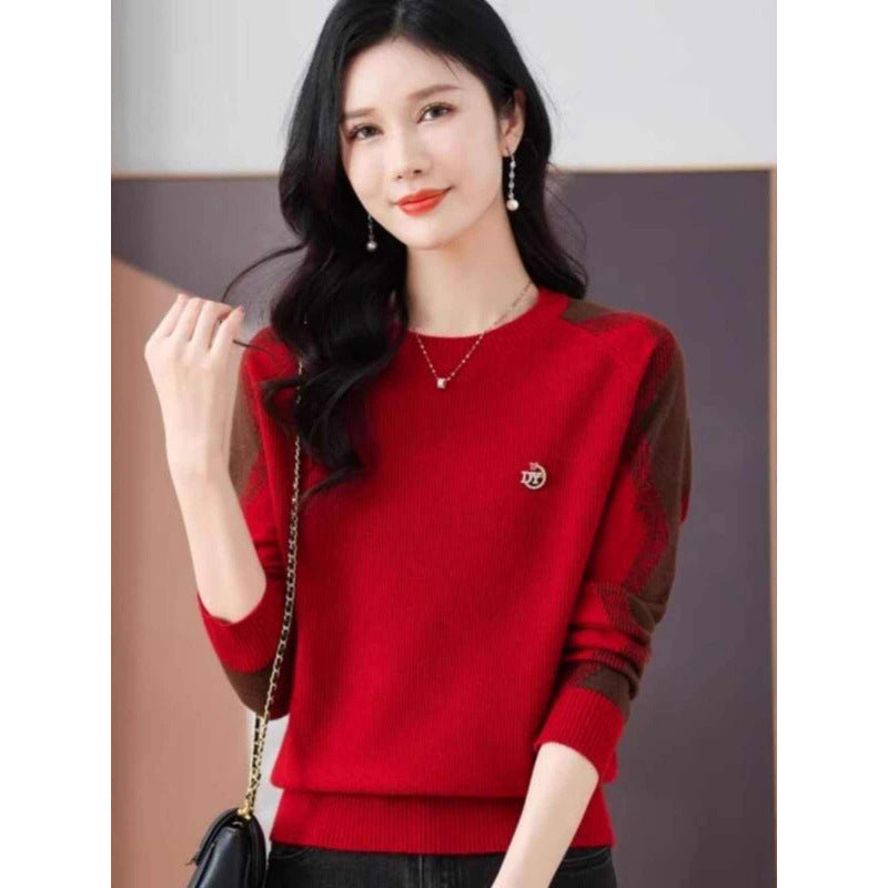 Womens Casual Outfit Round-neck Color-block Sweater Loose-fitting Cropped Knit Top