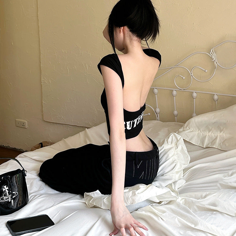 European And American Fashion & Trend Women's Sleeveless Hollow Backless Printed Slim Top