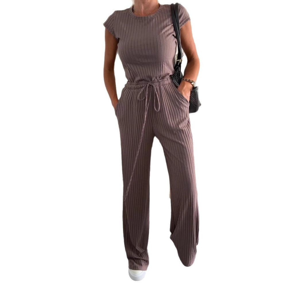 Textured Knitted Short-sleeved Shirt Wide Leg Pants Solid Color Casual Suit
