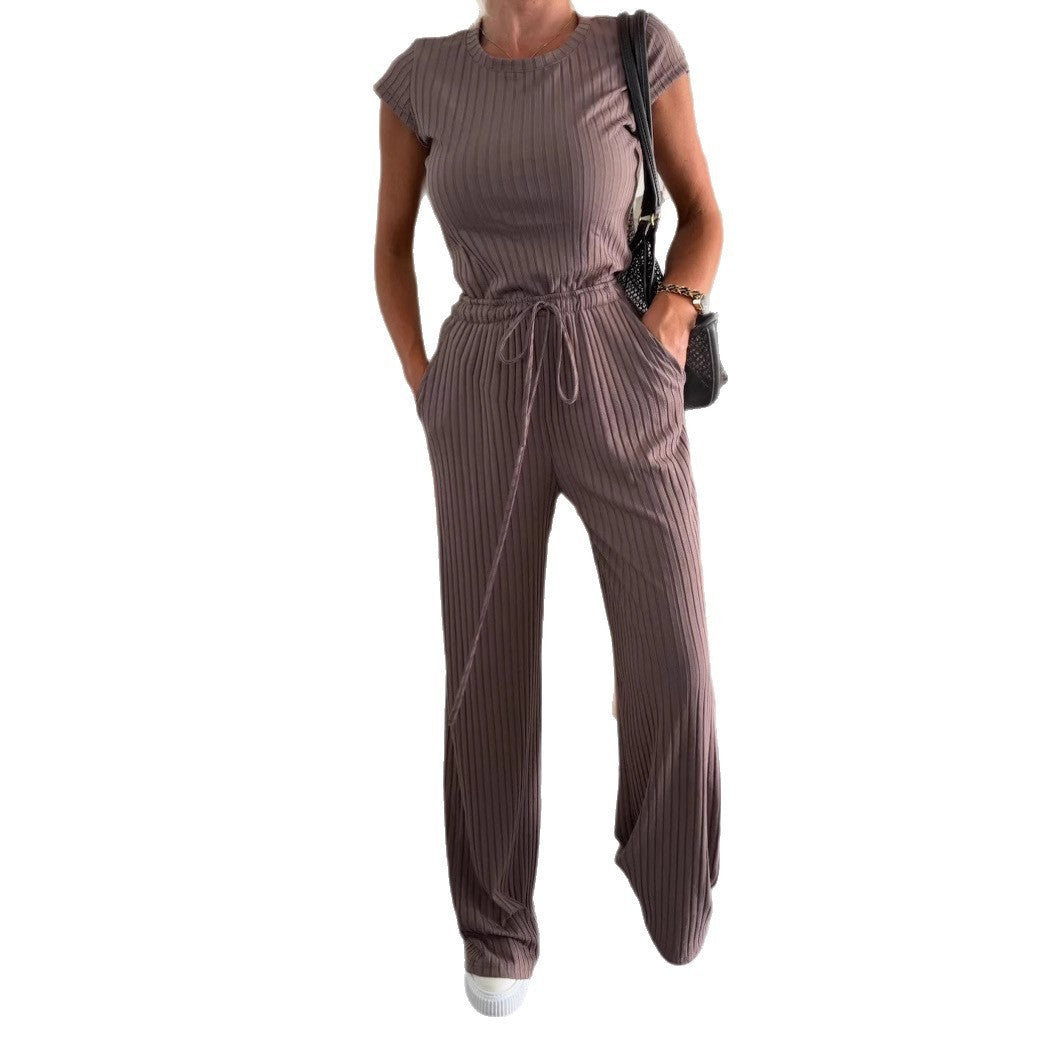 Textured Knitted Short-sleeved Shirt Wide Leg Pants Solid Color Casual Suit