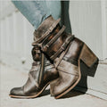 Womens Retro High-Heel Chunky-Heel Side Zipper Ankle Boots With Buckle Details